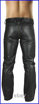 Men's Real Leather Gay Pants Double Slider Zip Leather Pants Front Back Zips Gay