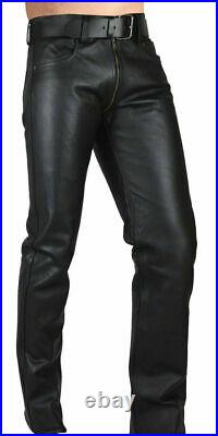Men's Real Leather Gay Pants Double Slider Zip Leather Pants Front Back Zips Gay