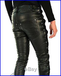 Men's Real Leather Laces Up 5 Pockets Bikers Pants Leather Laces Up Trousers