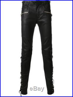 Men's Real Leather Laces Up Bikers Pants Laces Up Pants WITH FREE LEATHER BELT