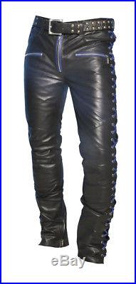 Men's Real Leather Laces Up Pants Bikers Contrasr Laces Up Pants + FREE GIFT