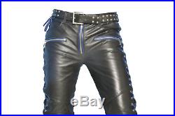 Men's Real Leather Laces Up Pants Bikers Contrasr Laces Up Pants + FREE GIFT