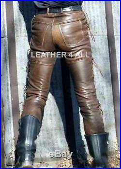 Men's Real Leather Laces Up Pants Vintage/distressed Look Leather Laces Up Pants