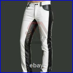 Men's Real Leather Motorcycle Biker Pants Jeans Trouser Bluf Black and White