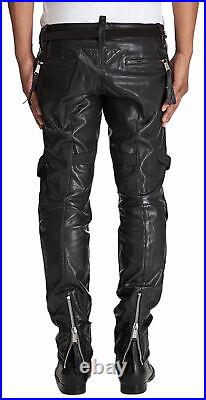 Men's Real Leather Pant Lambskin Leather Jeans Slim fit Biker Casual Pant MP013