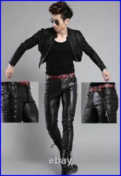 Men's Real Leather Pant Lambskin Leather Jeans Slim fit Biker Casual Pant MP048