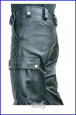 Men's Real Leather Pants Biker trousers Leather Black Soft Cargo Pockets Pants