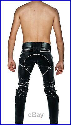 Men's Real Leather Pants Bikers Pants With Color Piping Bikers Pants BLUF Pants