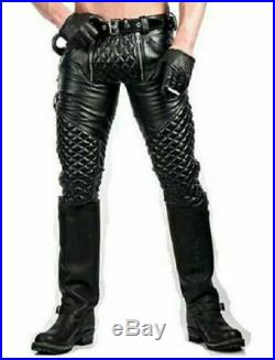 Men's Real Leather Pants Black Quilted Pants with Two Zipper at Front