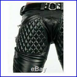 Men's Real Leather Pants Black Quilted Pants with Two Zipper at Front