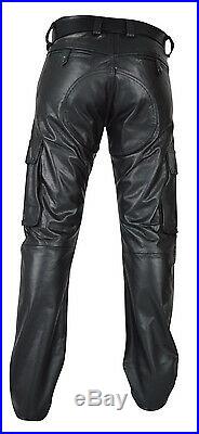 Men's Real Leather Pants Cargo Pockets Pants Bikers Leather Trousers