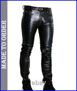 Men's Real Leather Pants Double Slider Zip Leather Pants Front & Back Zips Pants