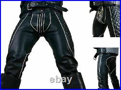 Men's Real Leather Pants Double Zip White Piping Jeans Trousers Interest BLUF