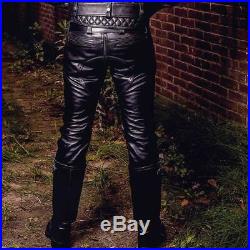Men's Real Leather Pants Double Zips BLUF pants Gay Interest Cowhide Pants
