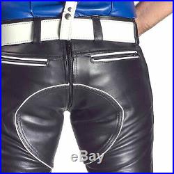 Men's Real Leather Pants Double Zips Bikers Pants With White/Red/Blue Pipping