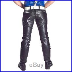 Men's Real Leather Pants Double Zips Gay Interest Pants White/Red/Blue Pipping