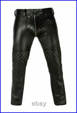 Men's Real Leather Pants Double Zips Pants Gay BLUF Breeches Lederhosen Jeans