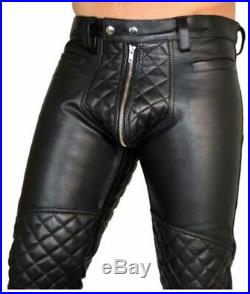 Men's Real Leather Pants Double Zips Pants Gay BLUF Pants Cow hide leather