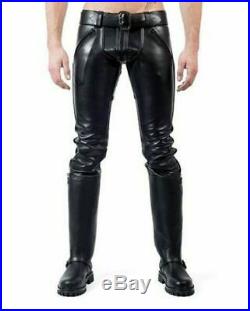 Men's Real Leather Pants Double Zips Pants Gay Cowhide Interest BLUF Pants
