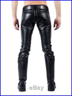 Men's Real Leather Pants Double Zips Pants Gay Interest Pants Bikers Trousers