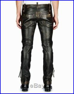 Men's Real Leather Pants Double Zips Pants Jeans Trousers Cowhide