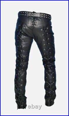 Men's Real Leather Pants Genuine Cowhide Leather Laces Biker Trousers