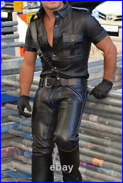 Men's Real Leather Pants Police Contrast Black &Blue Leather Pants