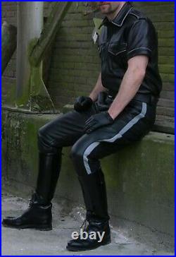 Men's Real Leather Pants & Police Shirt With Grey Piping & Stripes Pants Shirt