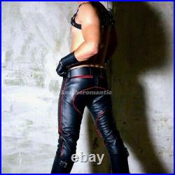 Men's Real Leather Pants Quilted Biker Saddle Pant Bluf Black & Red Kink Trouser