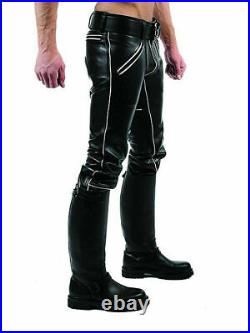 Men's Real Leather Pants Rear Zip Schwarz Jeans Trousers Padded White Piping Gay