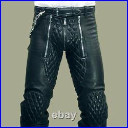 Men's Real Leather Quilted Panels Carpenter Pants Slim Fit Pants With W. O Back Zip