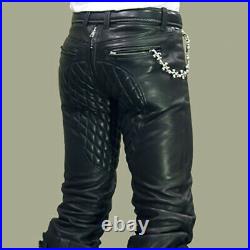 Men's Real Leather Quilted Panels Carpenter Pants Slim Fit Pants With W. O Back Zip