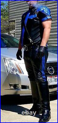 Men's Real Leather Quilted Panels Pants & Police Shirt R. Blue & Blk Pants Shirt