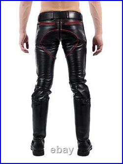 Men's Real Leather Quilted Pants Contrast Thread & Police Shirt With Red Piping