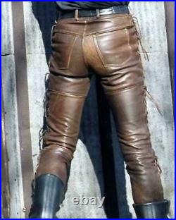 Men's Real Leather Side Laces Up Pants Distressed/Vintage Look Leather Pants