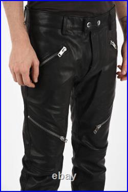 Men's Real Leather Slim Fit Pants Bikers Pants With Front Zips Pockets Pants