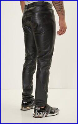 Men's Real Leather Trouser Biker Motorcycle Jeans Pant Black Cowhide Leathers