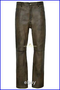 Men's Real Leather Trouser Dirty Brown Napa Classic Fashion Motorcycle Style 501