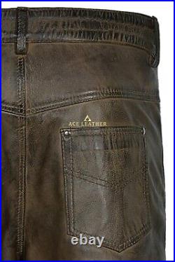 Men's Real Leather Trouser Dirty Brown Napa Classic Fashion Motorcycle Style 501