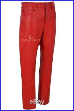 Men's Real Leather Trouser Red Hide Biker Motorcycle Classic Jeans Style 501