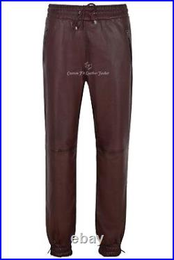 Men's Real Leather Trousers Cherry Napa Sweat Track Pant Zip Jogging Bottom 3040