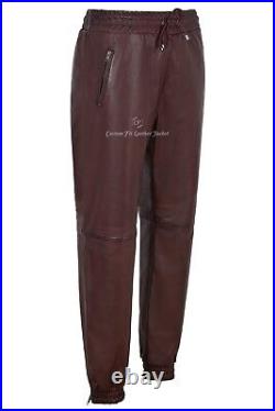 Men's Real Leather Trousers Cherry Napa Sweat Track Pant Zip Jogging Bottom 3040