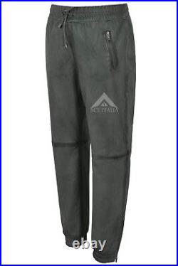 Men's Real Leather Trousers Grey Napa Sweat Track Pant Zip Jogging Bottom 3040