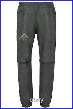 Men's Real Leather Trousers Grey Napa Sweat Track Pant Zip Jogging Bottom 3040