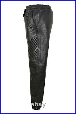 Men's Real Leather Trousers Quilted Track Black Napa Pants Jogging Bottoms 4050
