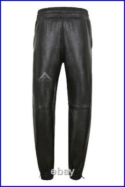 Men's Real Leather Trousers Quilted Track Black Napa Pants Jogging Bottoms 4050