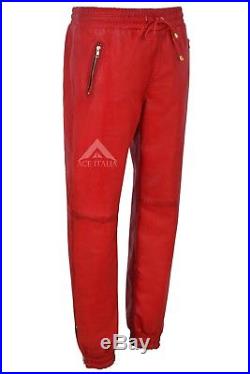 Men's Real Leather Trousers Red Napa Sweat Track Pant Zip Jogging Bottom 3040