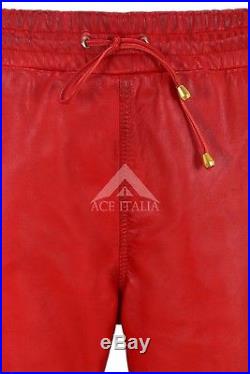 Men's Real Leather Trousers Red Napa Sweat Track Pant Zip Jogging Bottom 3040