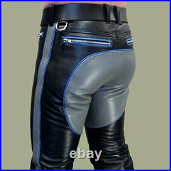 Men's Real Natural Cowhide Leather Bikers Pants Contrast Panels & Stripes Pants
