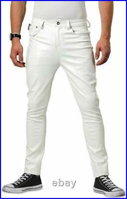 Men's Real Natural Lamb Leather Bikers Pant 501 Five Pockets Jeans White Trouser